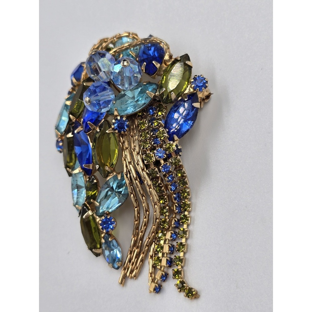 Vintage Mid-Century Blue‎ & Olive Green Rhinestone Cascade Brooch Pin 3" - Picture 3 of 12
